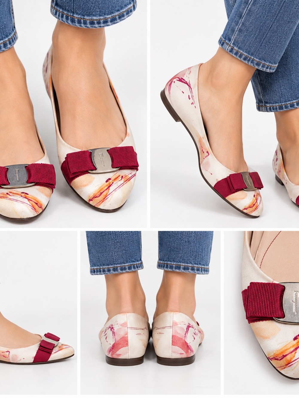 Salvatore Ferragamo White Floral-Print Flats with Red Grosgrain Bow